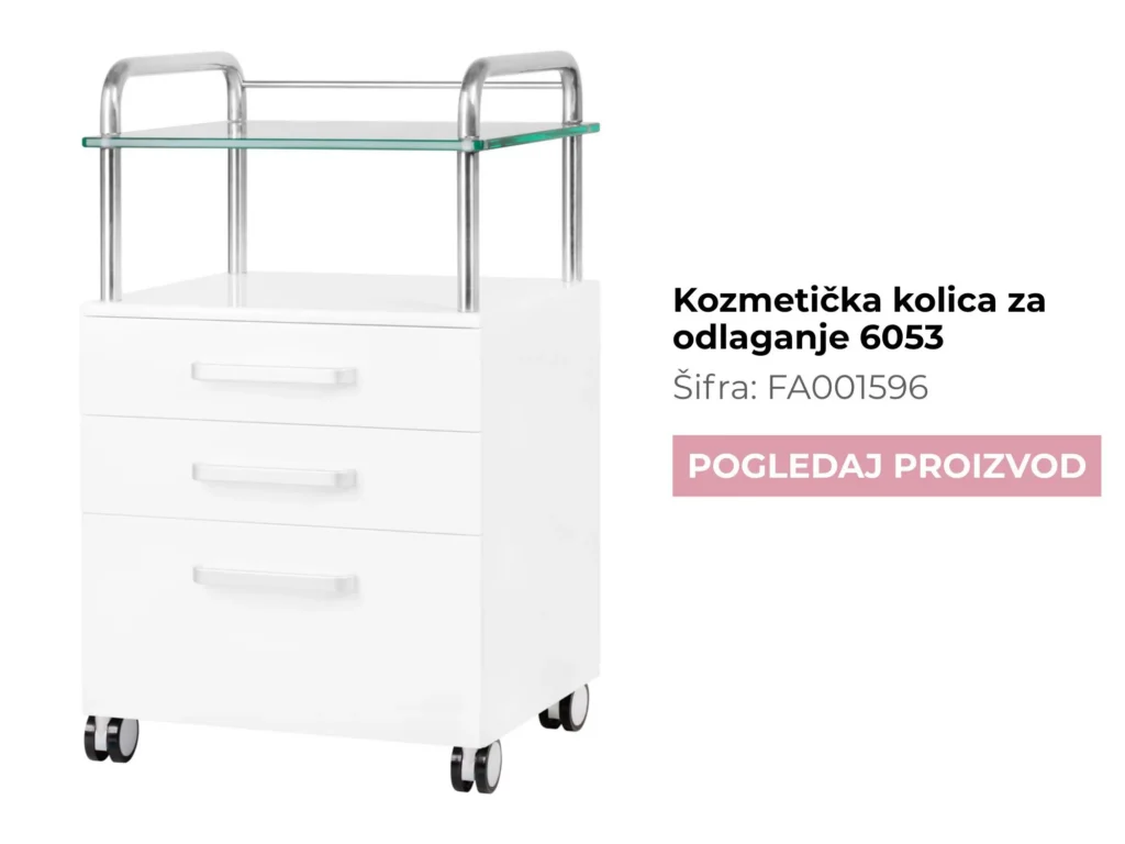 Bijela kozmetička kolica za odlaganje pribora i oprema za kozmetičke salone.
