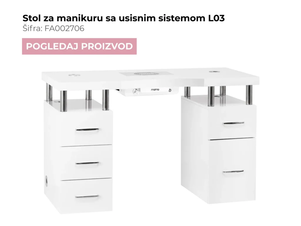 Bijeli profesionalni stol za manikuru s ugrađenim usisnim sustavom model L03, idealan za uredan radni prostor.